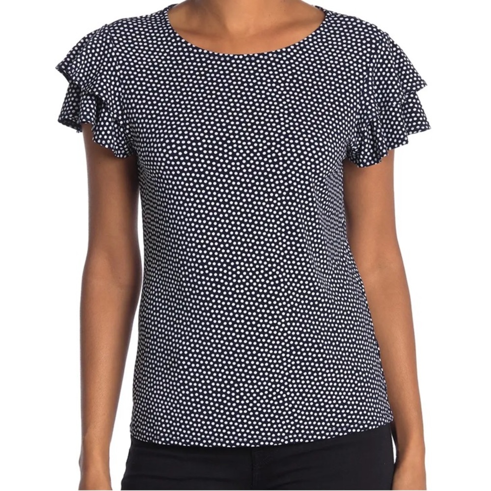 Adrianna Papell Navy Short Sleeve Knit Polka Dot Print Top